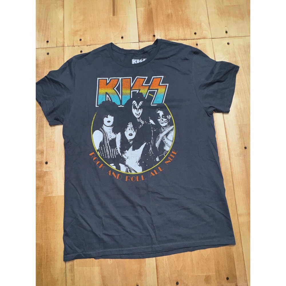 KISS Rock and Roll All Nite Graphic T-Shirt Mens Large Gray Mad Engine Band Tee‎